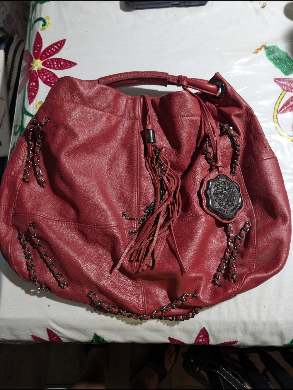 Vince Camuto Red Leather Tassel Hobo Bag -